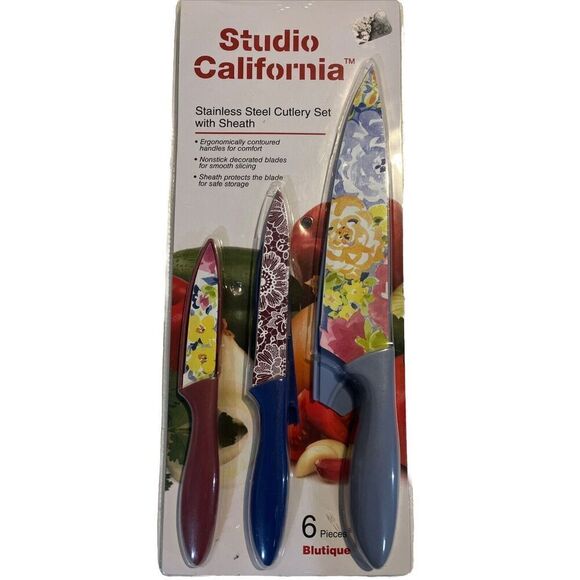 STUDIO CALIFORNIA 3 Piece STAINLESS STEEL DECORATED BLADES CUTLERY SET W/ SHEATH - Picture 1 of 3